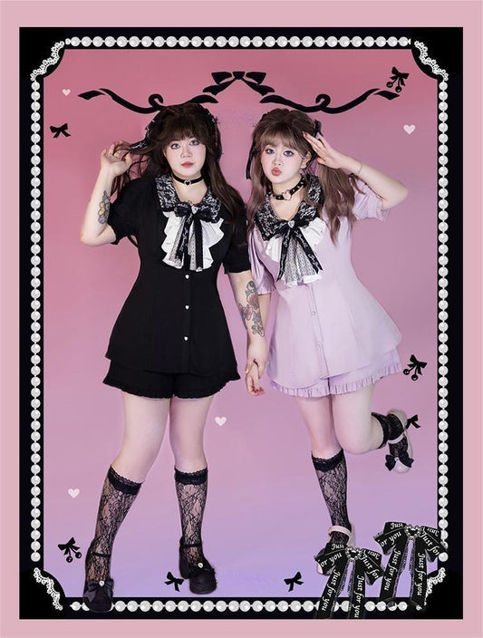 Plus Size Jirai Kei Blouse Short Sets Pink Black Full Set 21886:317370
