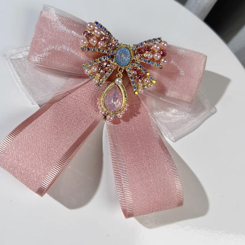 Kawaii Fashion Pink Bow Tie Rhinestone Brooch 21852:320432 21852:320432