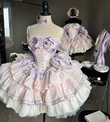 Lolita Dress Set Sweet Violet Pink Puffy Dress Corset Dress 36388:554908