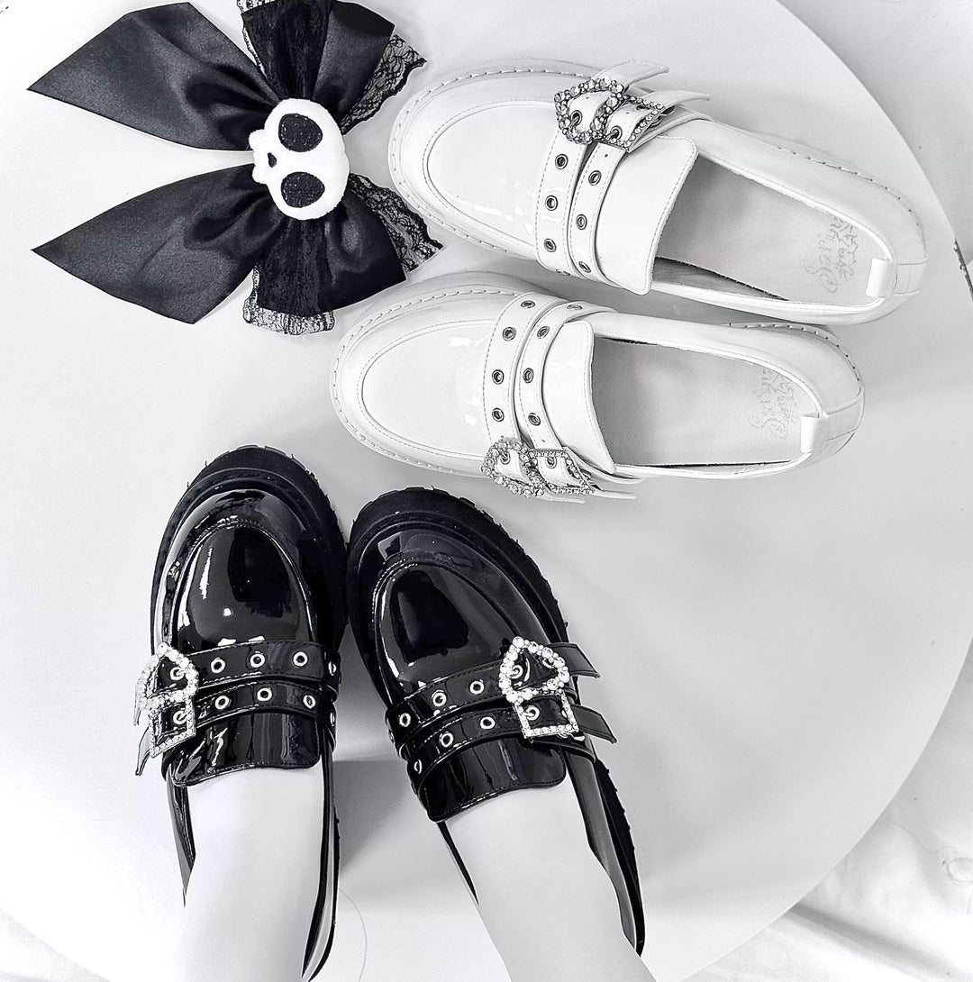 Punk Slip-on Platform Shoes, Heart Rhinestone Buckle Strap 45864:867070