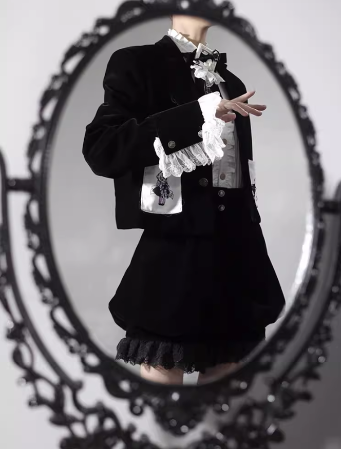 Ouji Lolita Prince Outfit Set Black Skirt Velvet Shorts Set 39368:632010