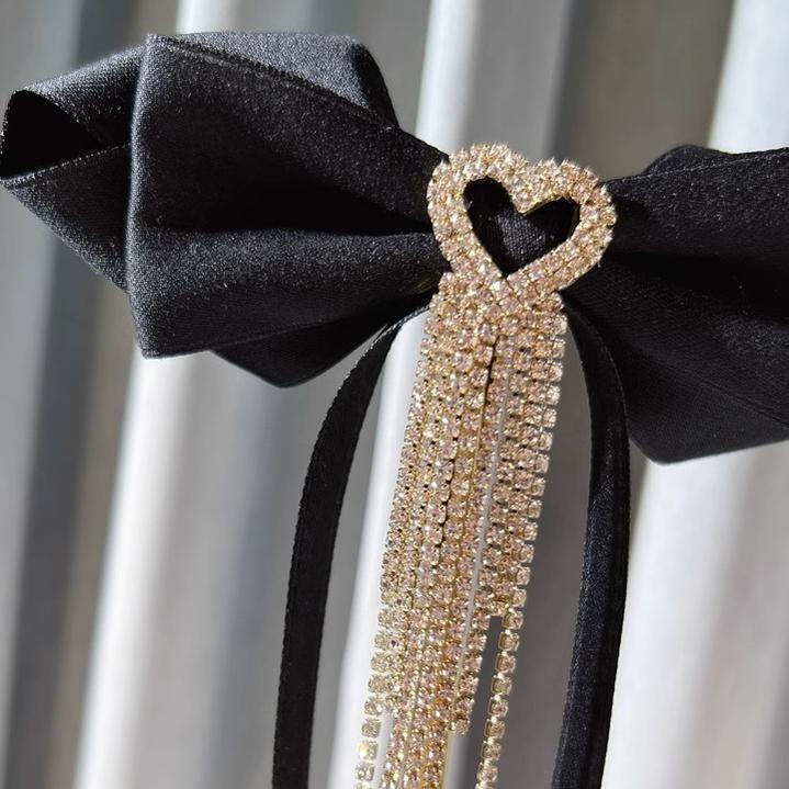 Vintage Heart Rhinestone Tassel Black Bow Brooch 21848:320398 21848:320398