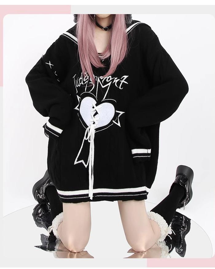 Jirai Kei Sweater Sailor Collar Black Lace-up Sweater 22758:326780