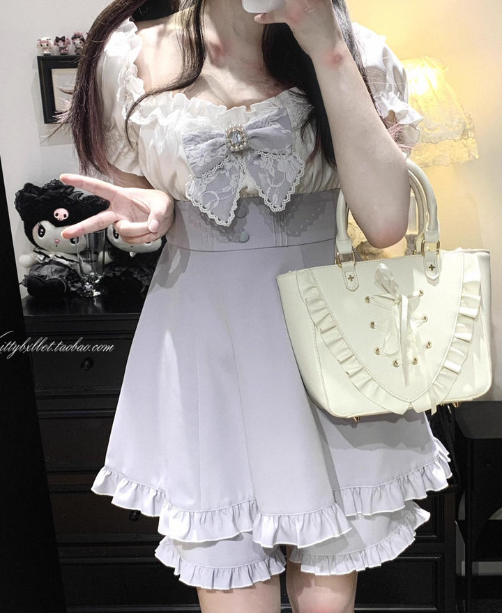 Puff Sleeve Jirai Kei Dress with Lace Bow and Shorts 43072:766146