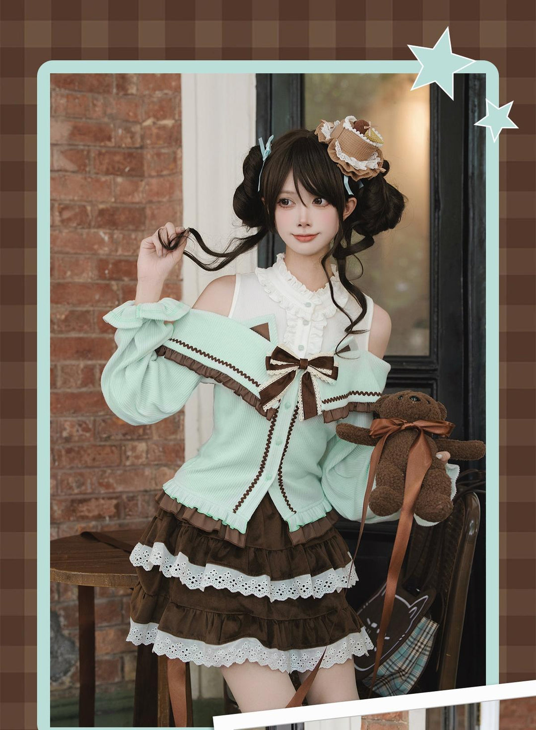 Sweet Open-shoulder Sweater, Vintage Skirt (L M S) 44077:795891