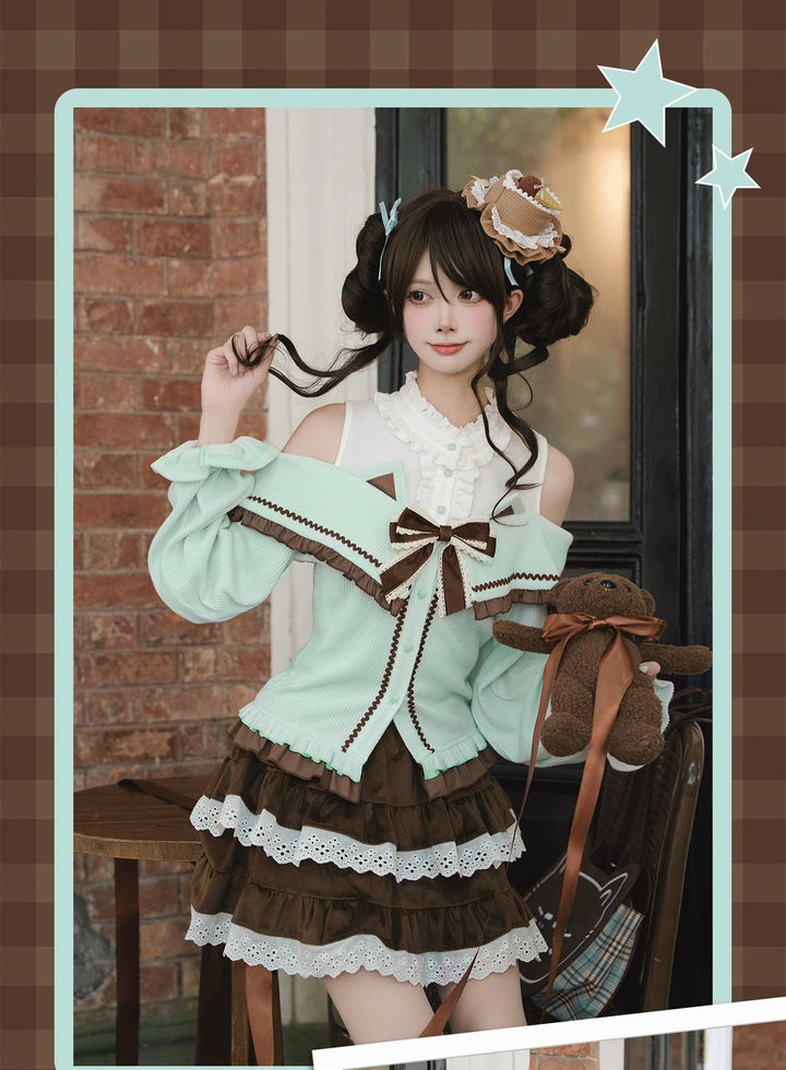 Sweet Open-shoulder Sweater, Vintage Skirt (L M S) 44077:795891