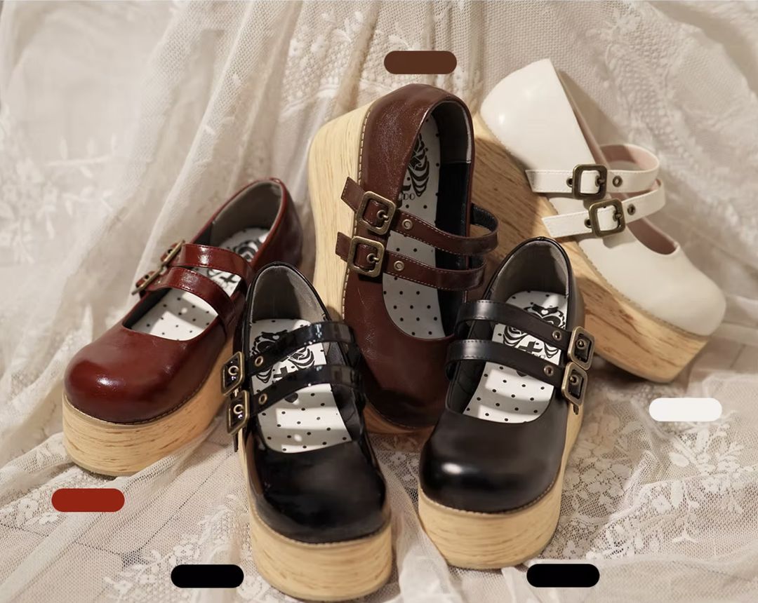 Retro-wooden Bottom Double Button Platforms Multicolor 21784:318874 21784:318874