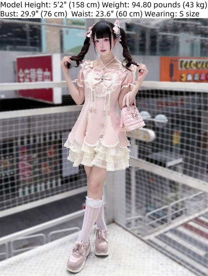 Pink Tweed Rousangata Dress, Front Heart Decoration 45570:854491
