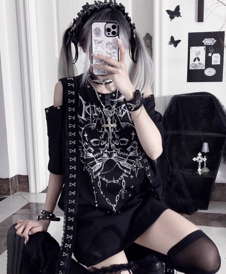 Open-Shoulder Subculture Cotton T-Shirt 43872:789436
