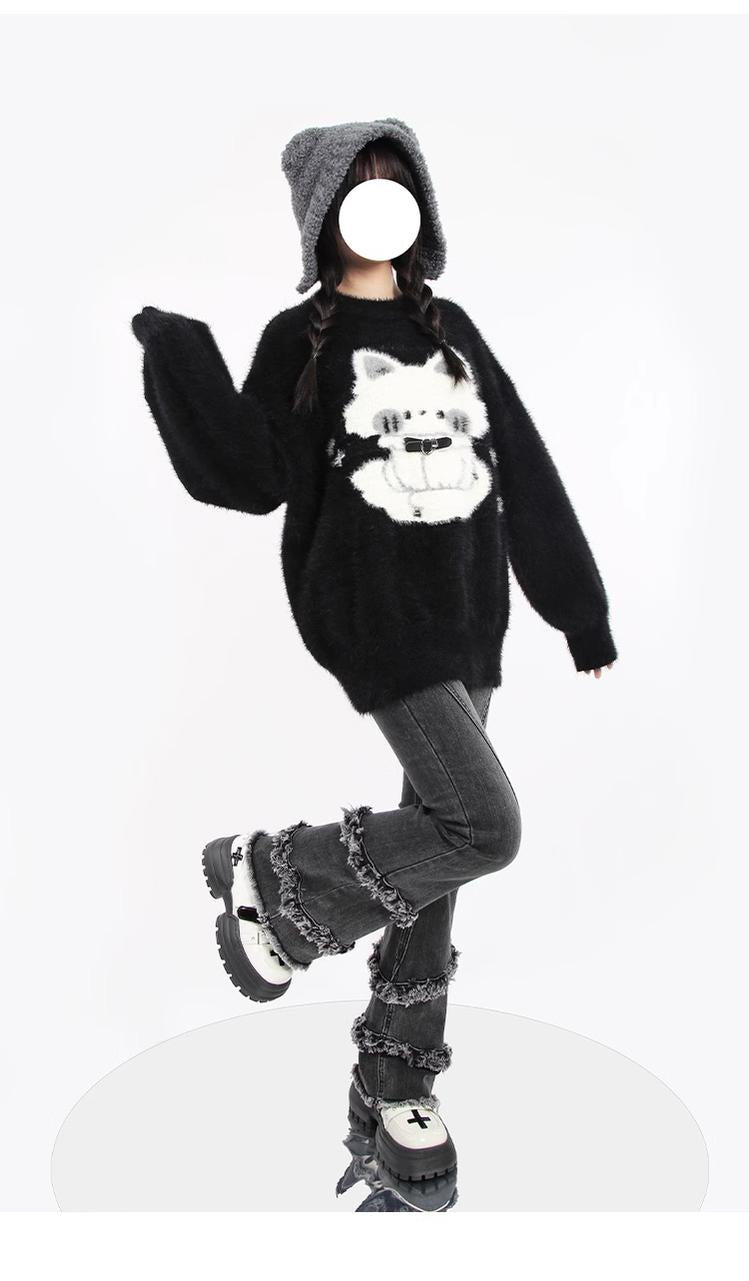 Kawaii Black Sweater Fluffy Voluminous Thickening Sweater 22752:326928 22752:326928