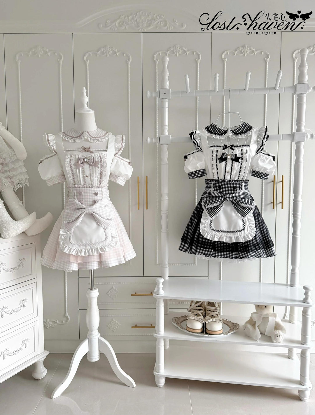 Jirai Kei Gingham Maid Blouse and Skirt Set, Detachable Apron 45659:858708