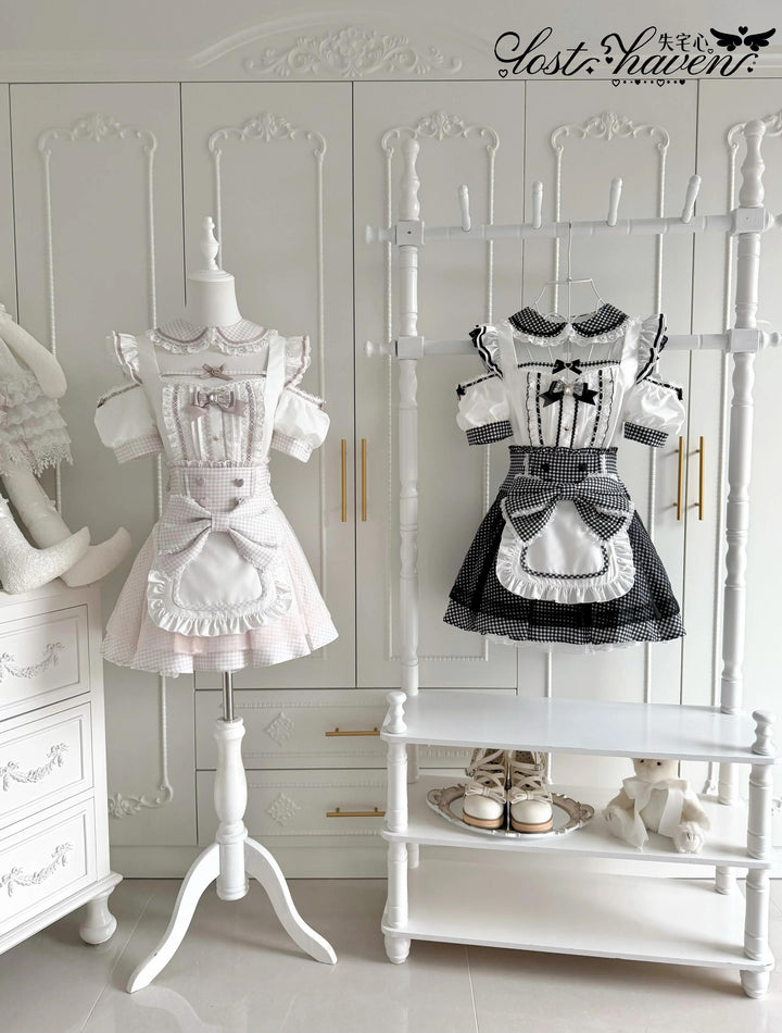 Jirai Kei Gingham Maid Blouse and Skirt Set, Detachable Apron 45659:858708