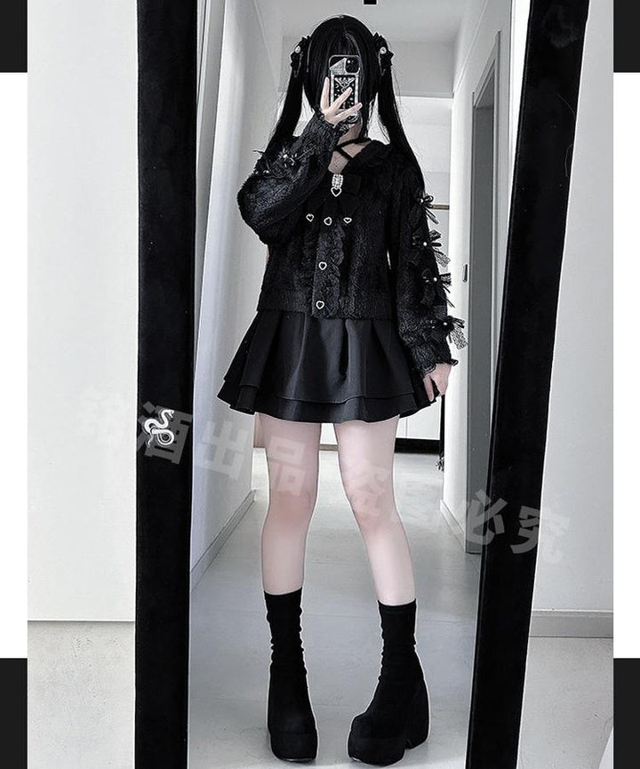 Jirai Kei Black Sweater Cardigan, Tulle Skirt 44527:812170