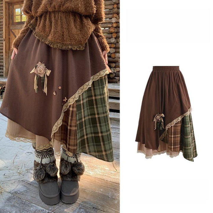 Mori Kei Stand-Collar Sweater, Irregular Plaid Skirt (L M S) 44214:803855