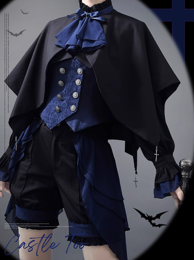 Ouji Lolita Prince Outfit Navy Blue Lolita Blouse Skirt Set 39360:633284