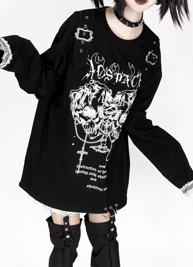 Jirai Kei Top Double Skull Print Long Sleeve T-Shirt 39936:647066