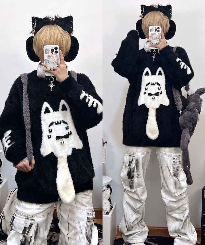 Jirai Kei Sweater Black Ghost Cat Print Couple Sweater 39952:646106