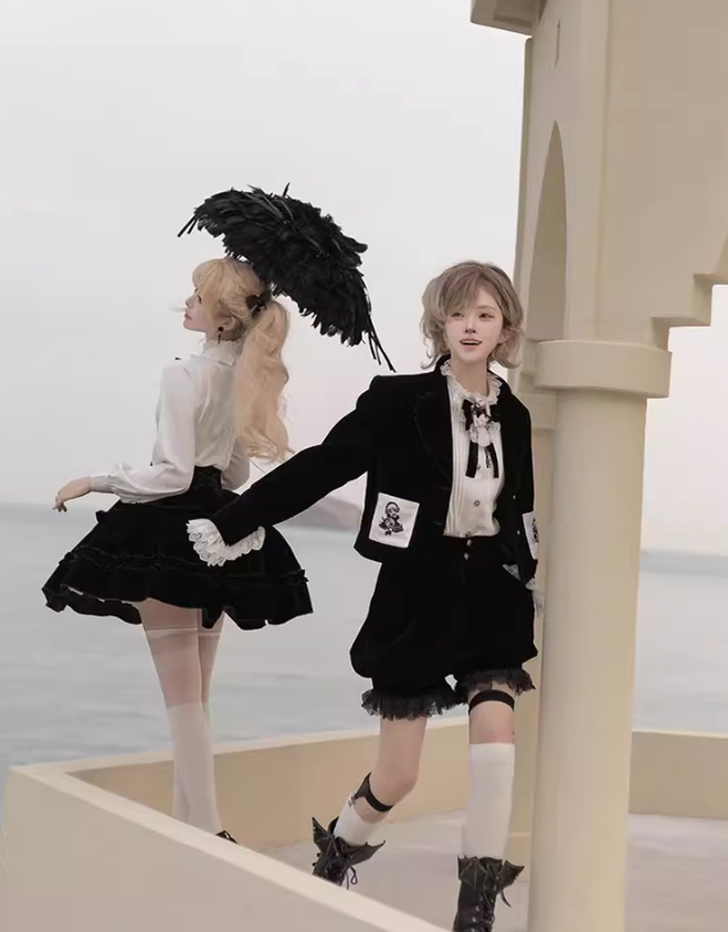 Ouji Lolita Prince Outfit Set Black Skirt Velvet Shorts Set 39368:631982