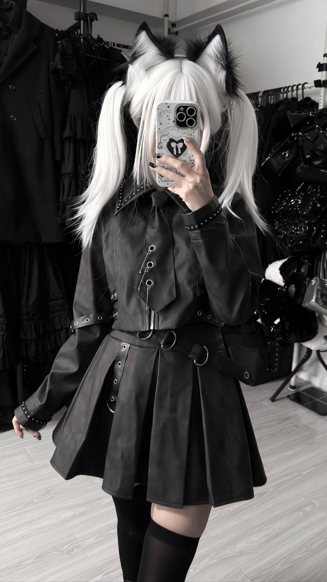 Punk Style PU Jacket, Pleated Skirt 44568:817831