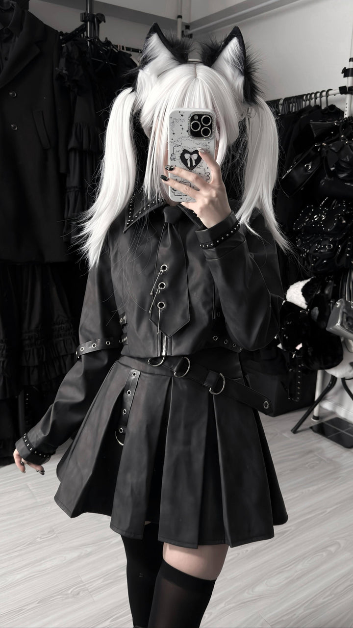 Punk Style PU Jacket, Pleated Skirt 44568:817831
