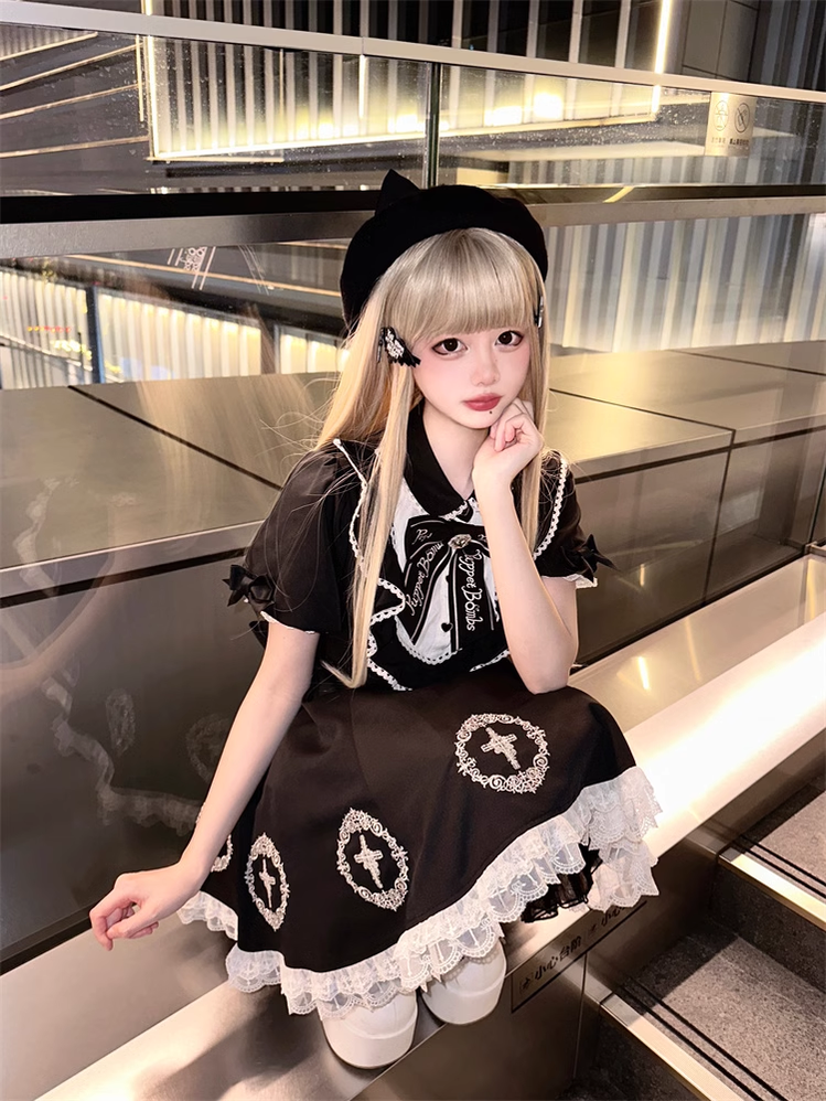 Black Jirai Kei Dress with Cross Embroidery and Big Bow Train 42281:735085