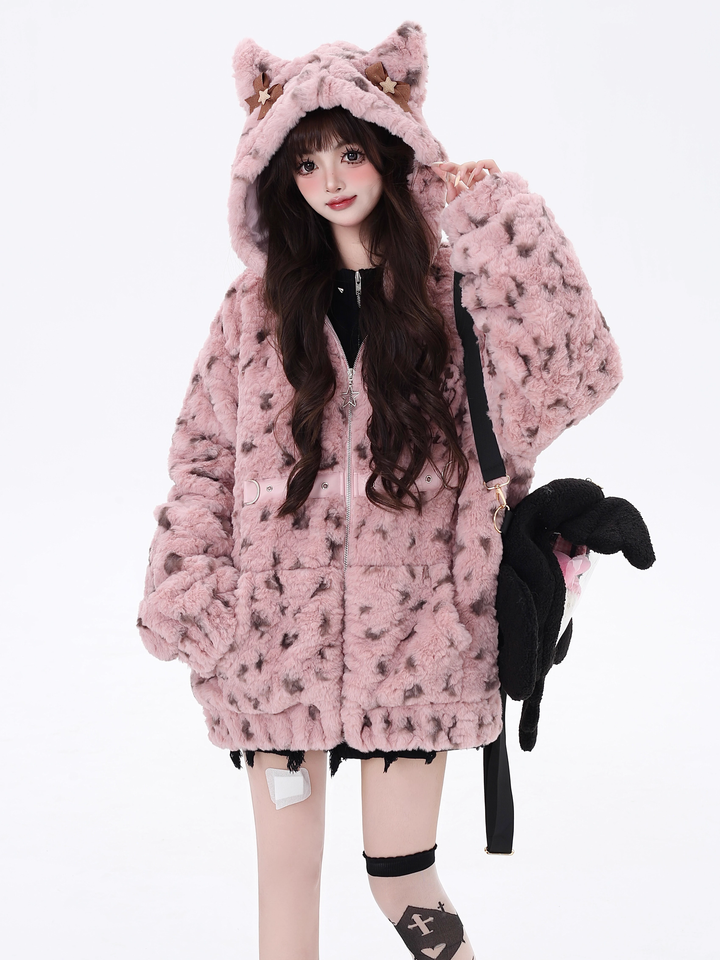 Jirai Kei Fleece Coat Leopard Print Hooded Jacket 40746:677942