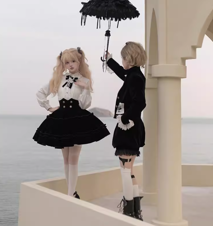 Ouji Lolita Prince Outfit Set Black Skirt Velvet Shorts Set 39368:631978