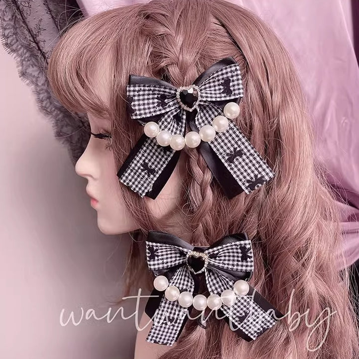 Handmade Jirai Kei Lolita Plaid Lace Pearl Bow Hair Clip 21764:314840