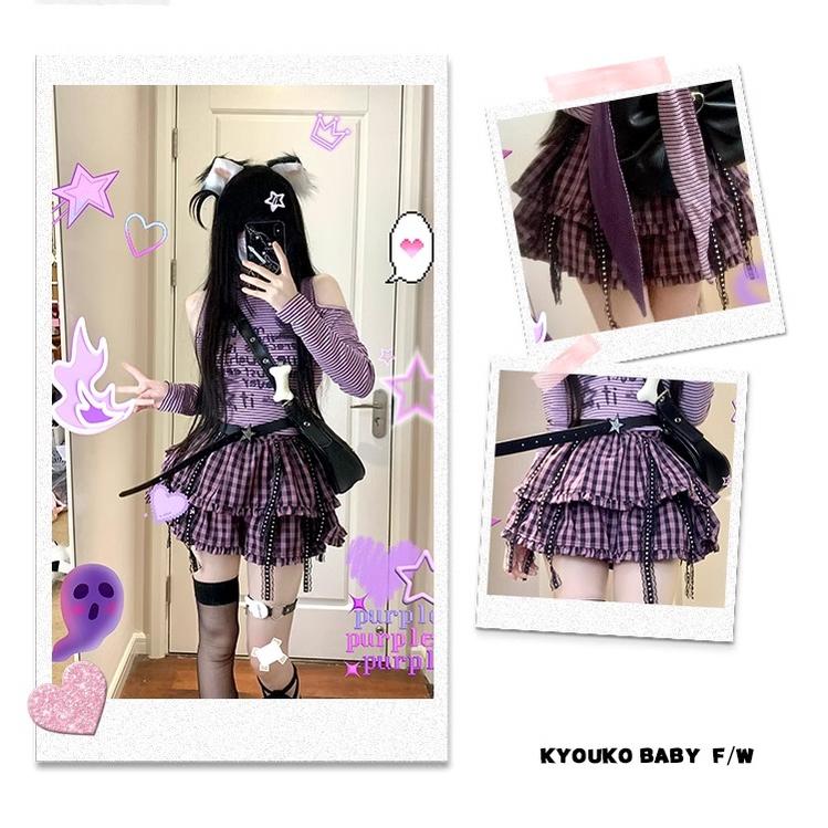 Jirai Kei Outfit Set Purple Bunny Ears Top Plaid Skirt 35824:506552 35824:506552