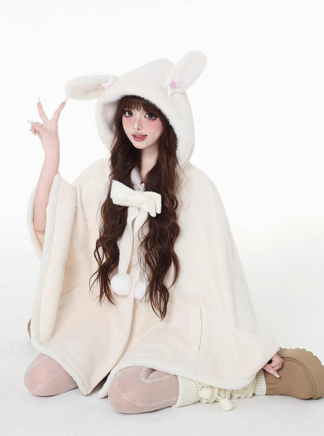 Jirai Kei Winter Coat White Bunny Ear Hooded Cape Coat 41056:684506