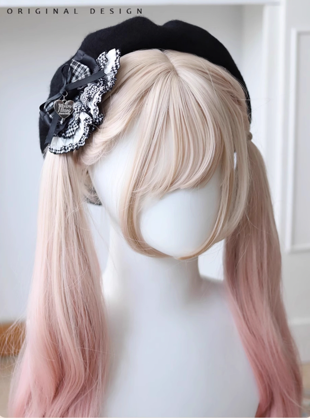 Lolita Beret Retro Bow Hat Black And White Plaid Hat 39650:635550