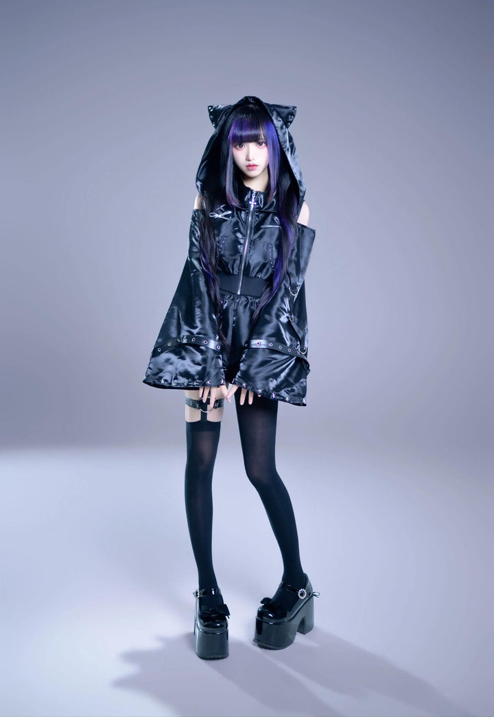 Gothic Hooded Crop Jacket & Shorts Set, Cat Ear 46064:874100