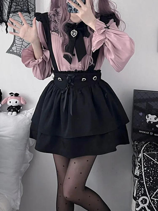 Jirai Kei Pink Lace Blouse Black Pleated Suspender Skirt 21836:419366