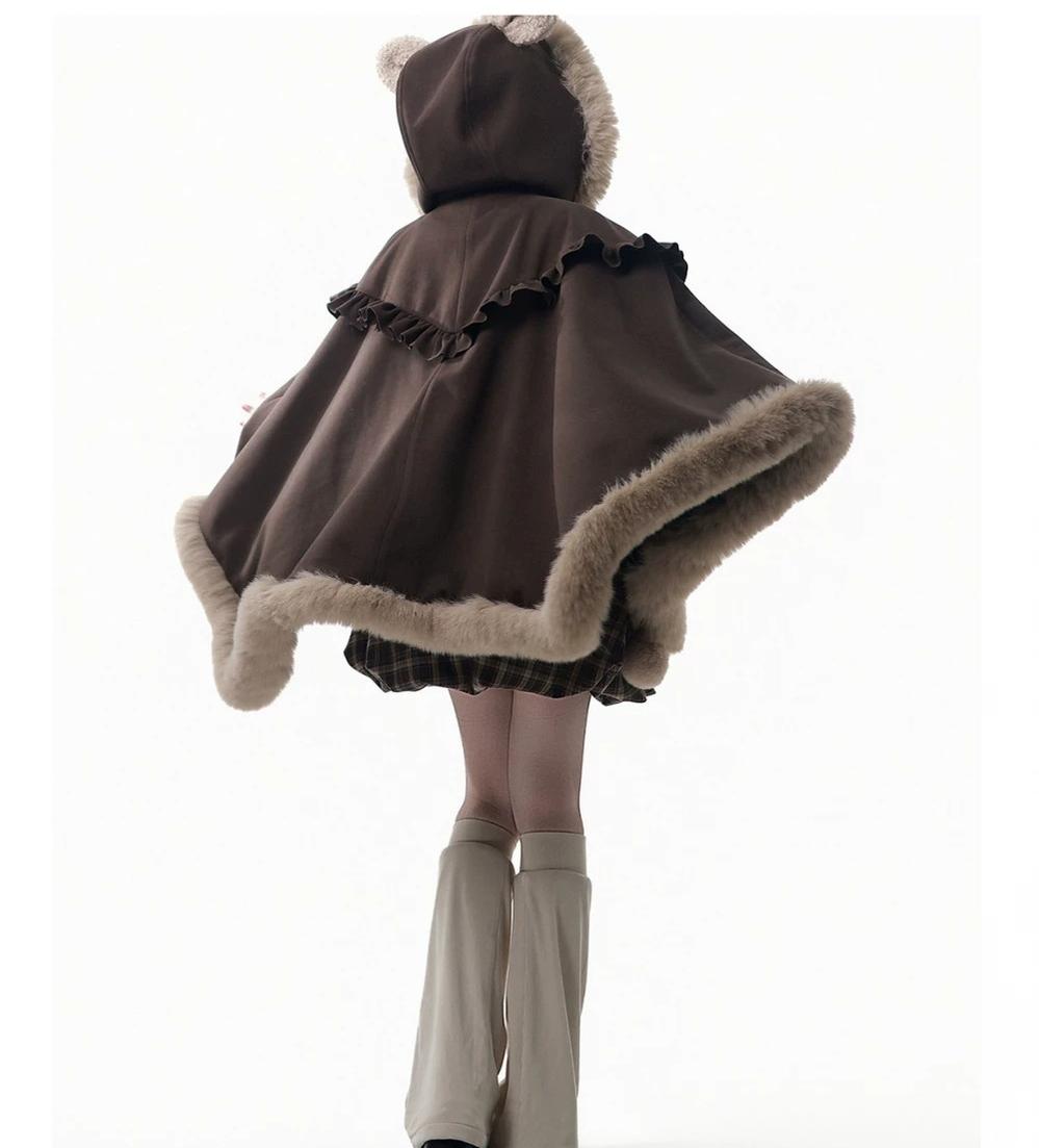 Winter Plaid Suspender Bubble Skirt, Bear Ear Plush Cape 45991:872208