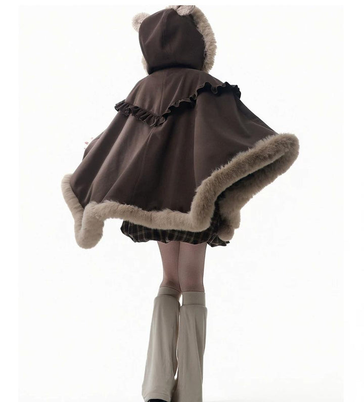 Winter Plaid Suspender Bubble Skirt, Bear Ear Plush Cape 45991:872208