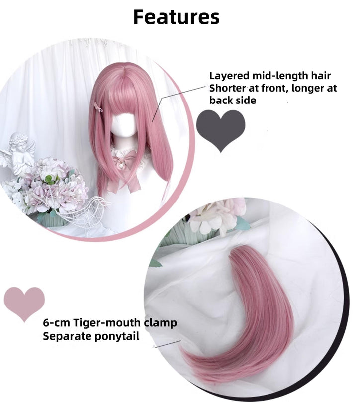 Lolita Wig Pink Mid-length Wig Girly Detachable Ponytail Wig 38890:605782