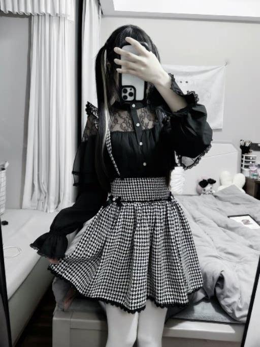 Jirai Kei Sheer Lace Shirt, Houndstooth Suspender Skirt (2XL L M S XL) 44894:827712