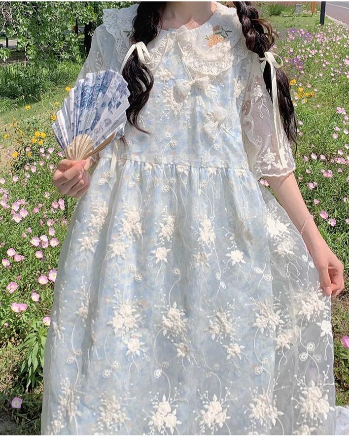 Kawaii Mori Kei Dress Blue Floral Sweet Dress 36206:523556