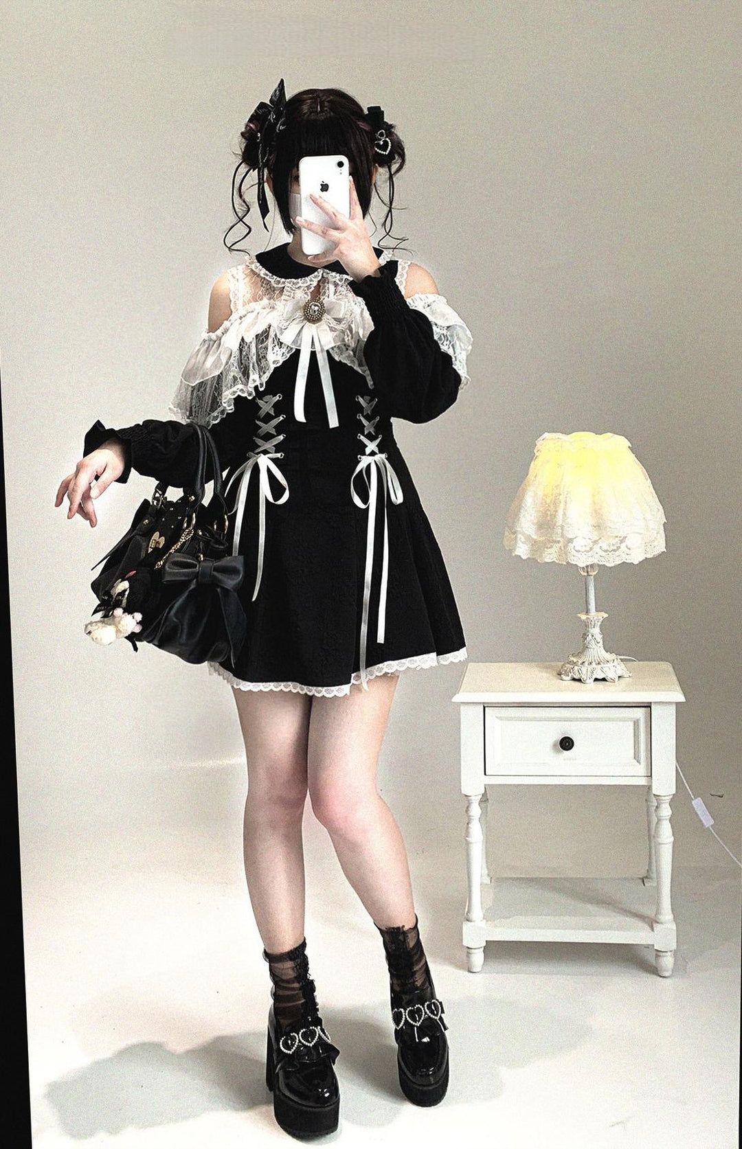 Jirai Kei Open-Shoulder Dress, Bust Lace Flounce Hem 44468:809983