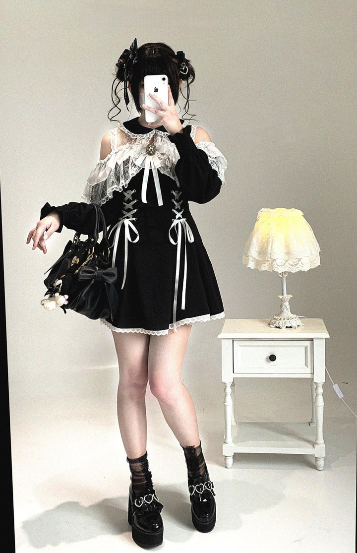 Jirai Kei Open-Shoulder Dress, Bust Lace Flounce Hem 44468:809983