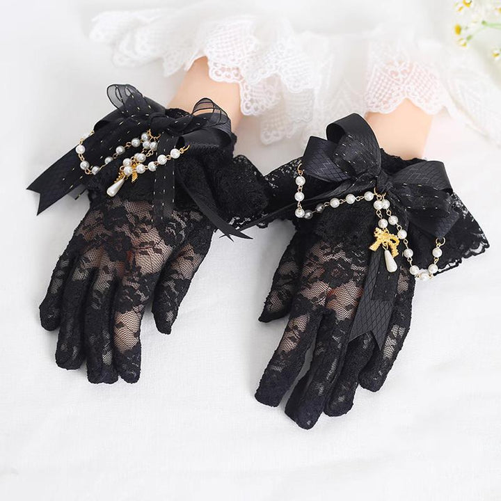 Elegant Lolita Gloves White Black Gloves With Lace Bow 22546:321886