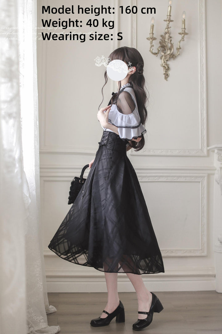 Black Long Jirai Kei Skirt With Elegant Purple Cape Blouse 43111:769503