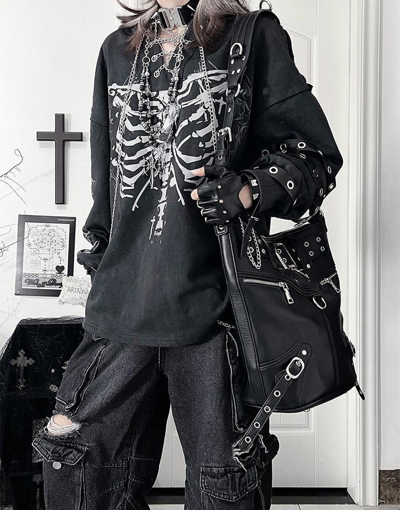 Ribcage Printed Subculture Hoodie, Ear-Accent Hood 44564:815275