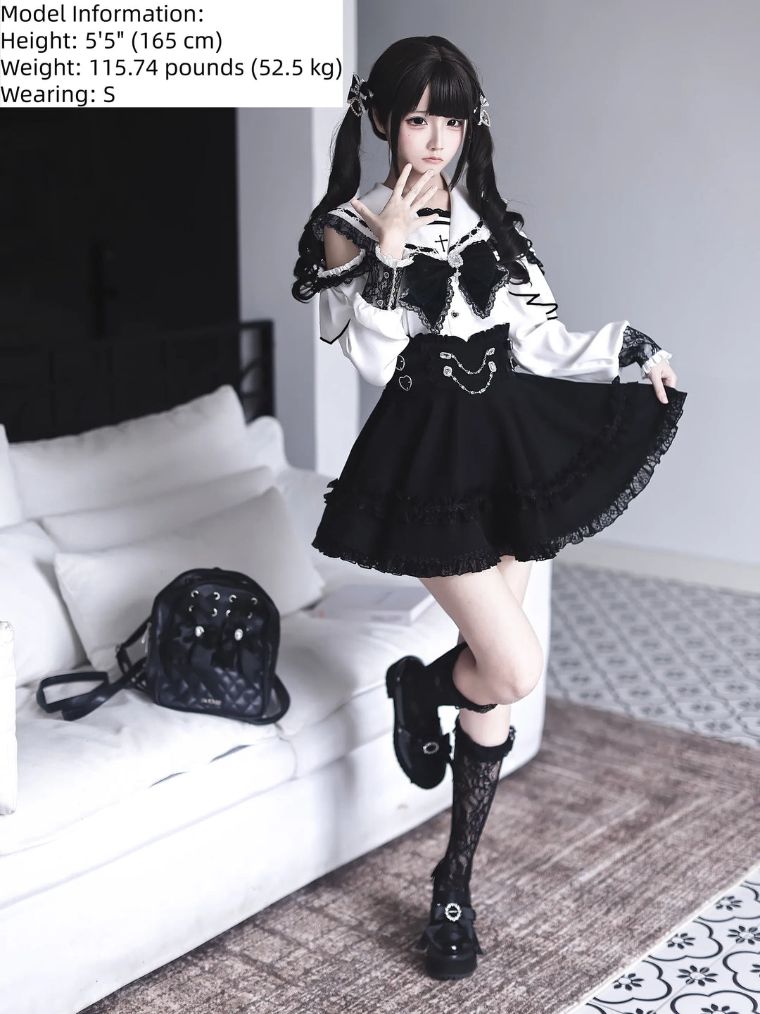 Lace Jirai Kei Sailor Collar Blouse, High Waist Skirt Set 45626:859520