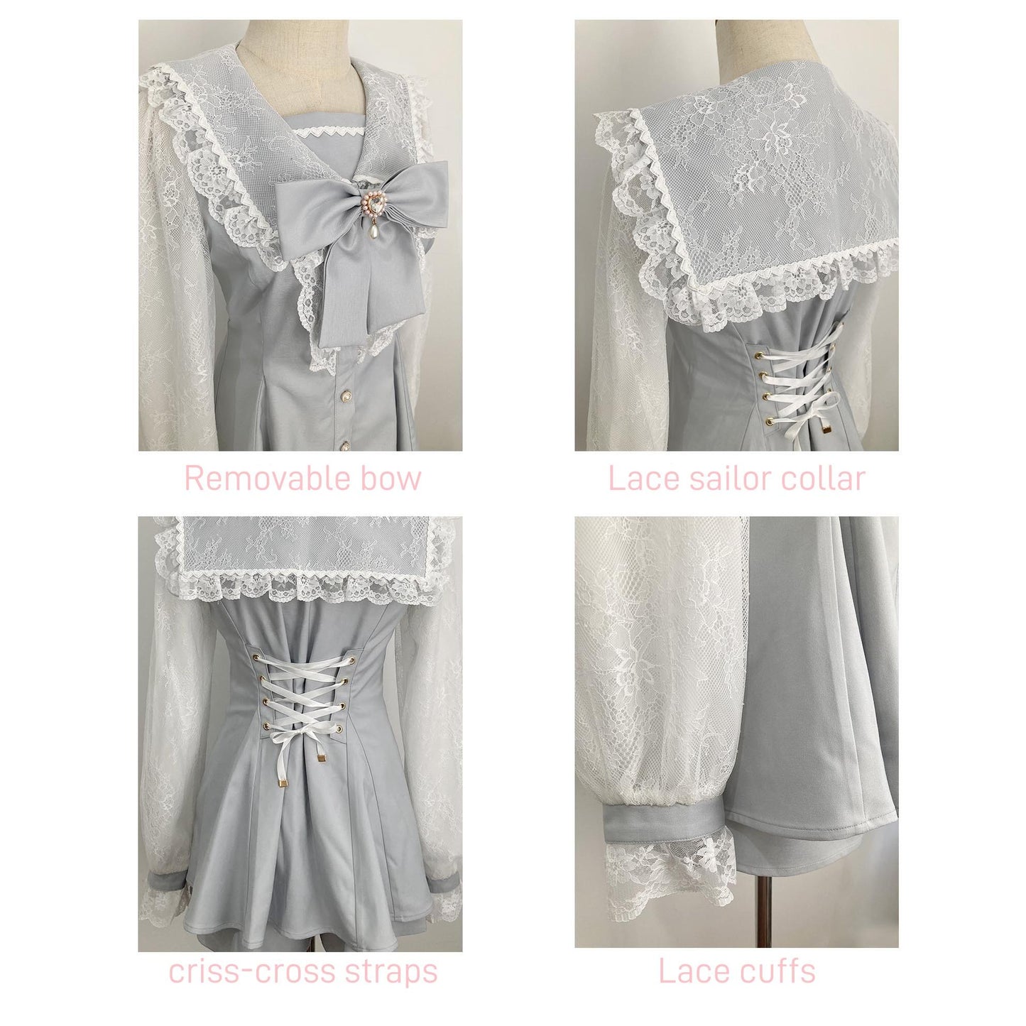 Jirai Kei Set Up Lace Sailor Collar Dress Gray Blue Dress 37638:567062