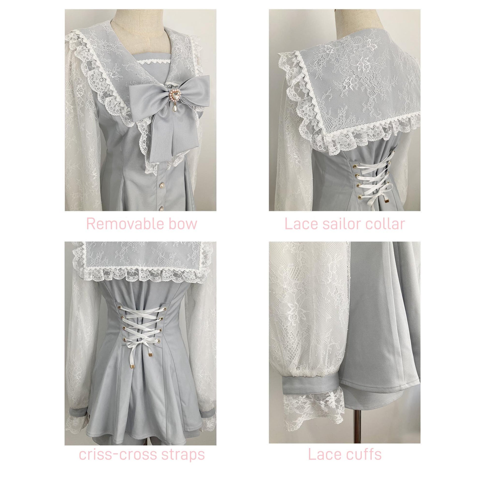 Jirai Kei Set Up Lace Sailor Collar Dress Gray Blue Dress 37638:567062