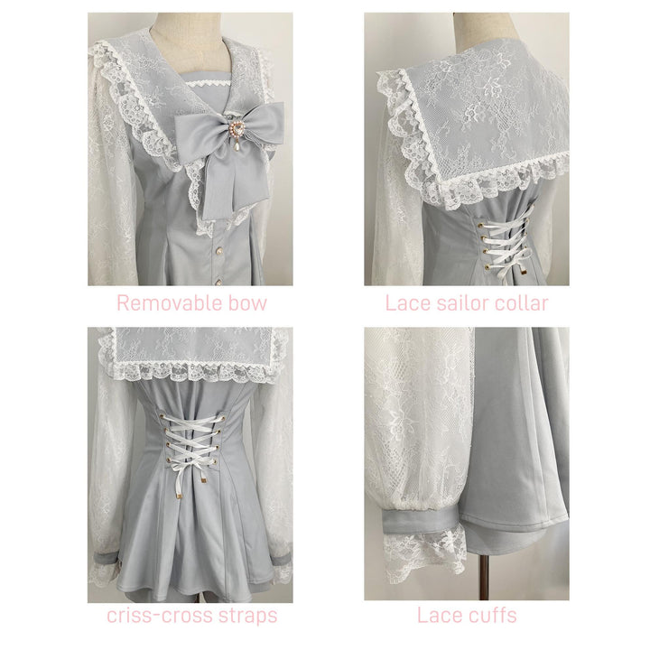 Jirai Kei Set Up Lace Sailor Collar Dress Gray Blue Dress 37638:567062 37638:567062