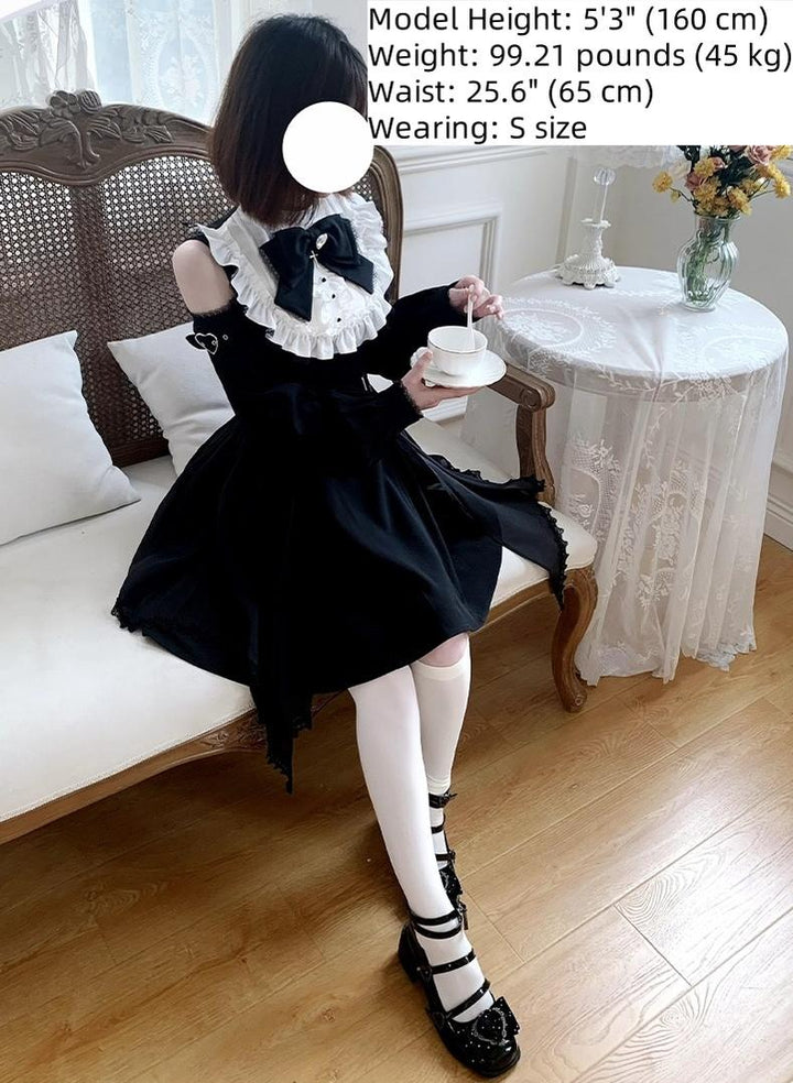 Gothic Open Shoulder Dress, Detachable Collar Bow 43655:782391