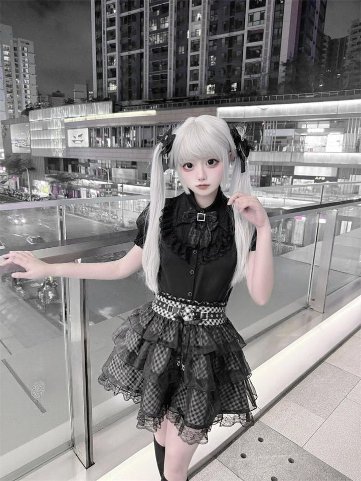 Jirai Kei Black Blouse and Plaid Skirt Set, Tulle Overlay 45572:856023