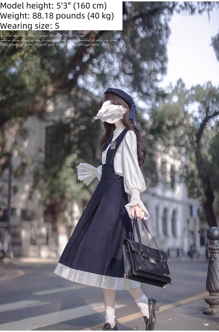 Navy Preppy Style Jumper Dress + Chiffon Blouse 41452:779247